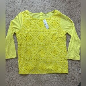 NWT J.Crew Bright Yellow Embroidered Geometric Button-Back 3/4 Sleeve Top